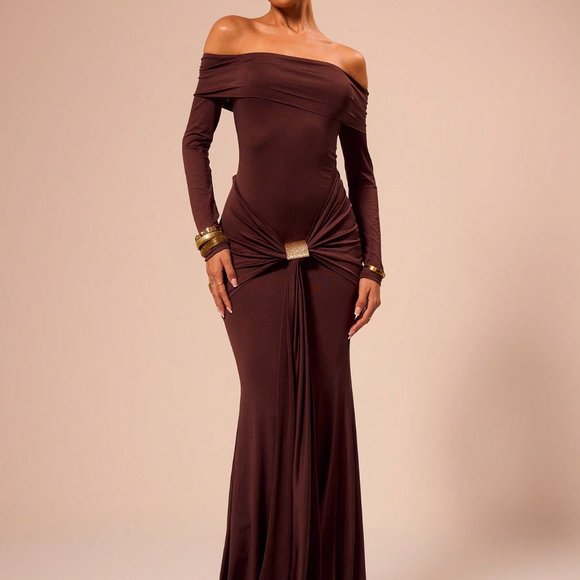 Coffee Party Women's Off Shoulder Long Sleeve Maxi Dress Vacation Romantic - Picture 1 of 4